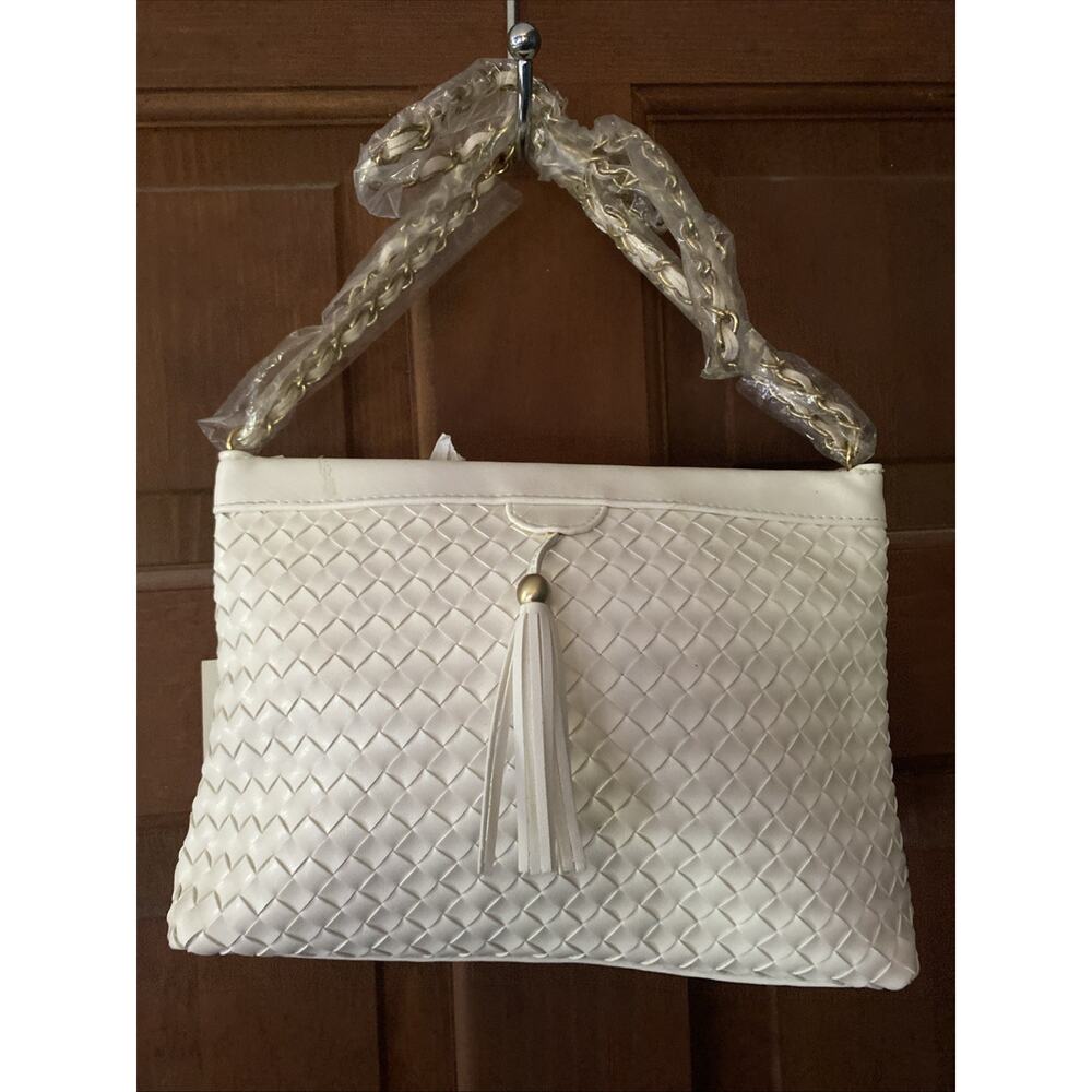 Bueno WhiteFaux Leather Bag Purse Chain Woven Shoulder Strap NWT - Picture 1 of 10